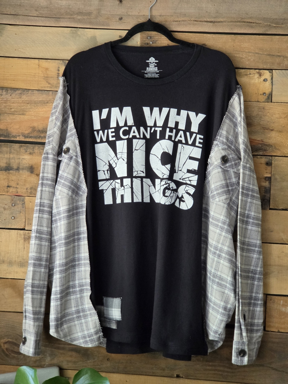 Upcycled Graphic T-shirt With  Gray Plaid Sleeves - Picture 3 of 9